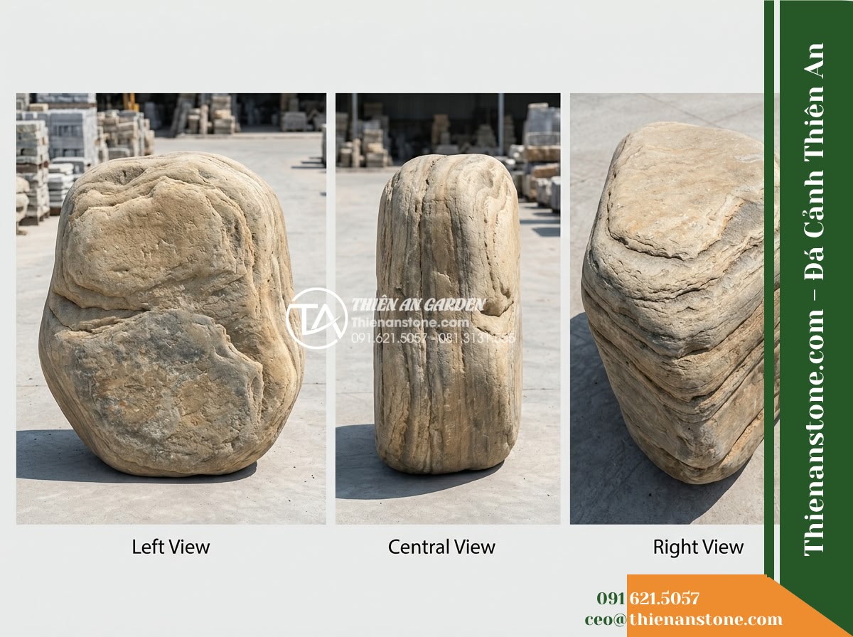 Đá Sơn Tầng (Khối đại 100–140cm) | Chuyên dựng vách núi xếp lớp hùng vĩ. - Hình 18 Đá Sơn Tầng (Khối đại 100–140cm) | Chuyên dựng vách núi xếp lớp hùng vĩ. - Technical presentation view of a large stratified stone block photographed from