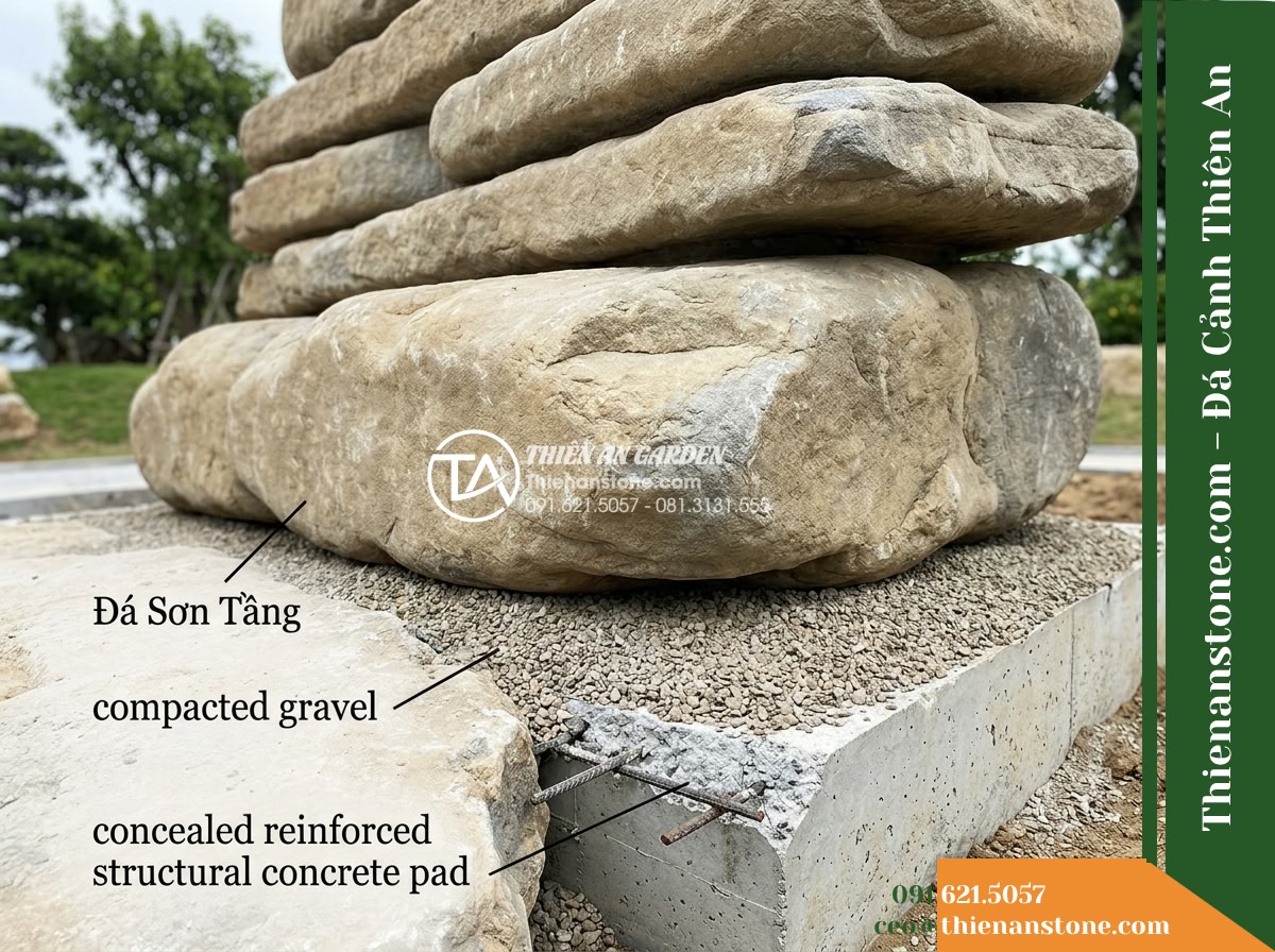 Đá Sơn Tầng (Khối khủng 220–350cm / ~5–12 tấn) | Chuyên dựng thế núi bàn (khối núi ngang) sừng sững, đồ sộ.