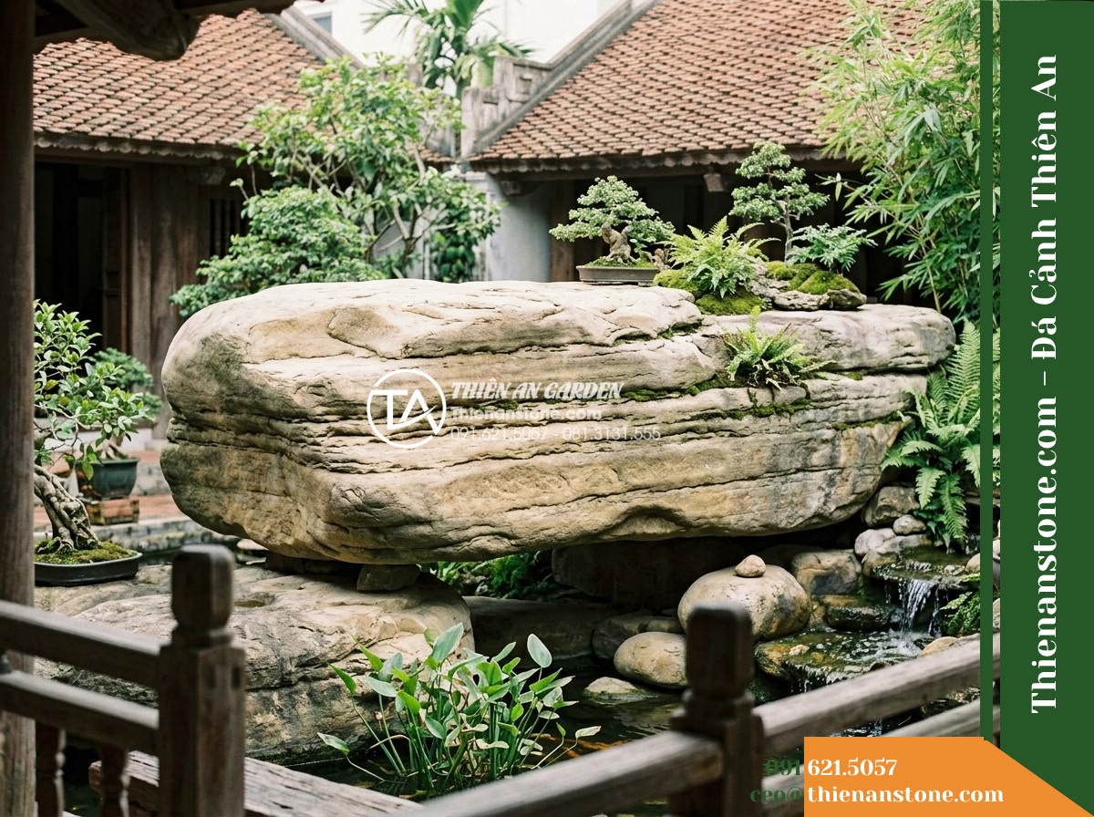 Đá Sơn Tầng (Khối lớn 140–220cm / ~1.8–4.5 tấn) | Chuyên xếp vách núi phân tầng ngang, tạo bình nguyên nhỏ trên lưng chừng núi. - A massive horizontal Son Tang landscape rock, measuring approximately two meters