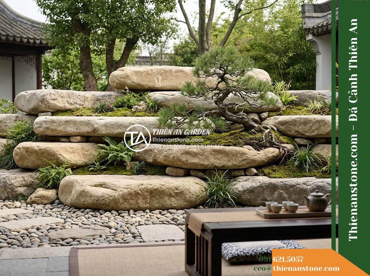 Đá Sơn Tầng (Khối lớn 140–220cm / ~1.8–4.5 tấn) | Chuyên xếp vách núi phân tầng ngang, tạo bình nguyên nhỏ trên lưng chừng núi.