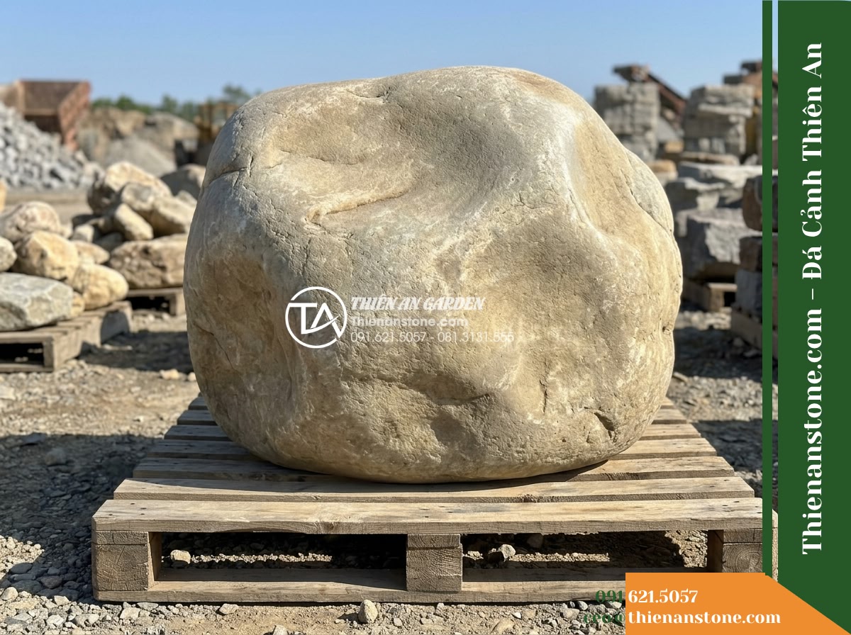 Đá Sơn Tầng (Khối trung 70–130cm / ~400–1.2 tấn) | Chuyên tạo sườn núi xếp lớp, khe hẻm hẹp chẻ đôi núi. - Hình 17 Đá Sơn Tầng (Khối trung 70–130cm / ~400–1.2 tấn) | Chuyên tạo sườn núi xếp lớp, khe hẻm hẹp chẻ đôi núi. - Close-up of a raw Son Tang stone block sitting on a wooden pallet in a stone yar