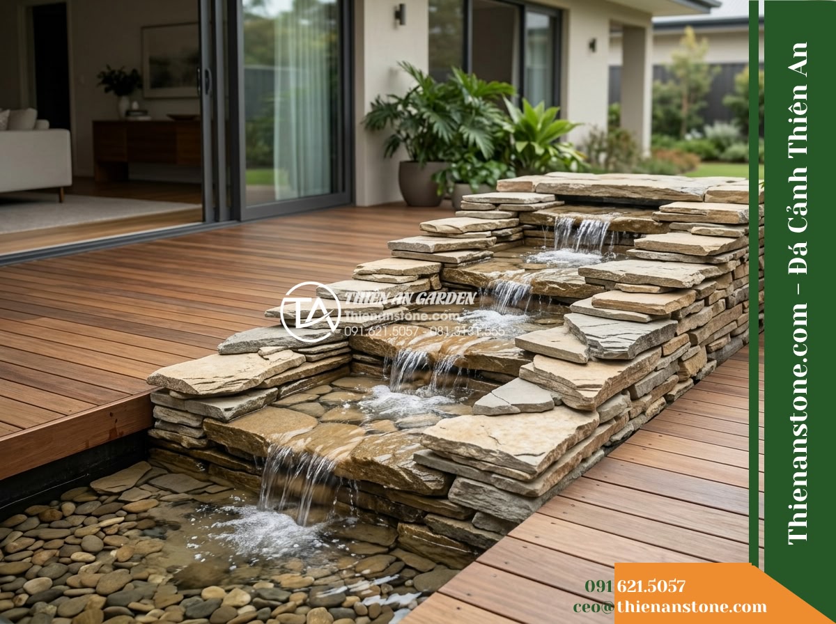 Đá Sơn Tầng (Size vừa 30–60cm) | Chuyên xếp dòng chảy phân tầng nhỏ. - Hình 19 Đá Sơn Tầng (Size vừa 30–60cm) | Chuyên xếp dòng chảy phân tầng nhỏ. - Wide architectural shot of a fully resolved veranda water cascade utilizing 30-6