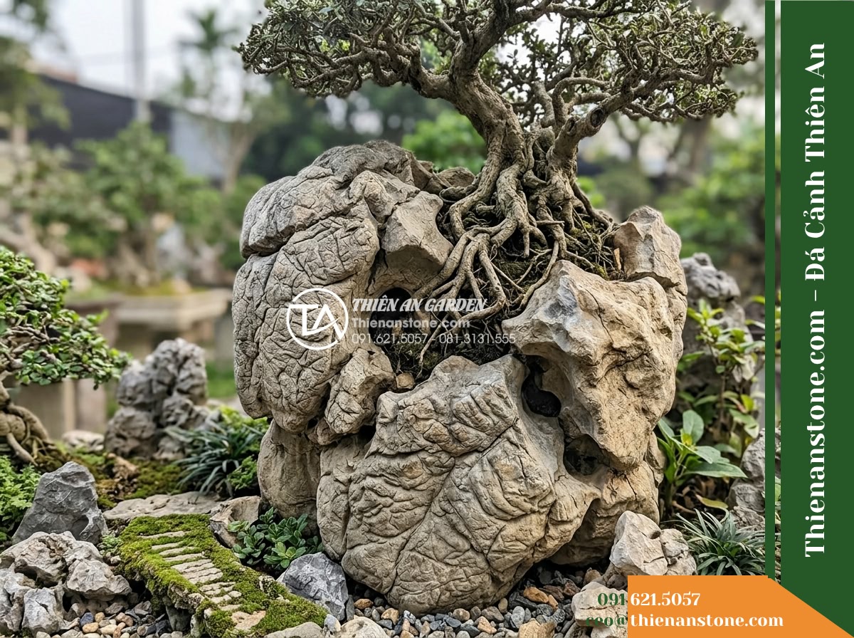 Đá Tượng Sáp (Khối trung 80–120cm / ~0.5–1.2 tấn) | Chuyên xếp chân núi, tạo các hốc luồn lách để trồng cây cảnh lớn, bonsai cổ thụ. - A realistic outdoor photograph of a medium-sized natural Tuong Sap stone block m