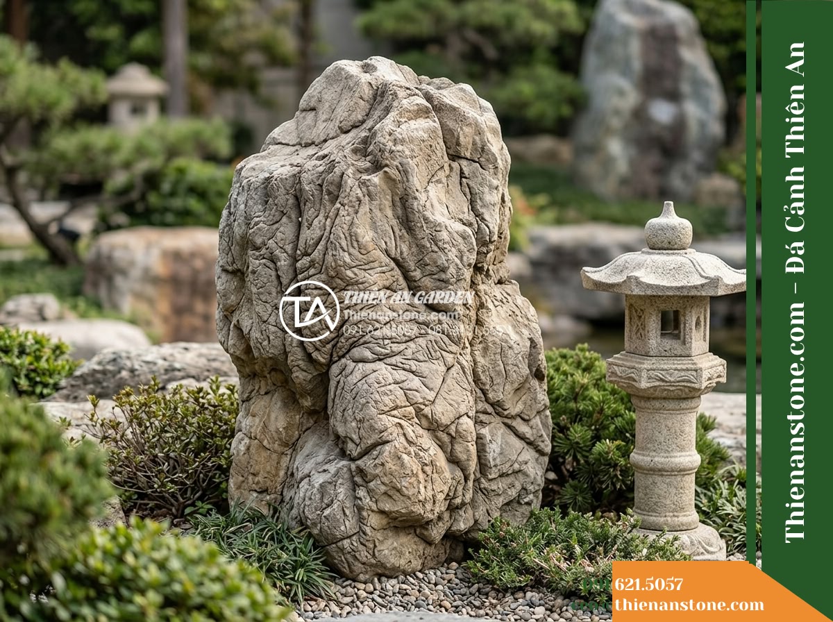 Đá Tượng Sáp (Size đại 80–120cm) | Chuyên làm khối chủ thác nước, hang hóc hồ cá. - Hình 5 Đá Tượng Sáp (Size đại 80–120cm) | Chuyên làm khối chủ thác nước, hang hóc hồ cá. - A massive 80 to 120 cm natural landscape rock standing beside a traditional ston
