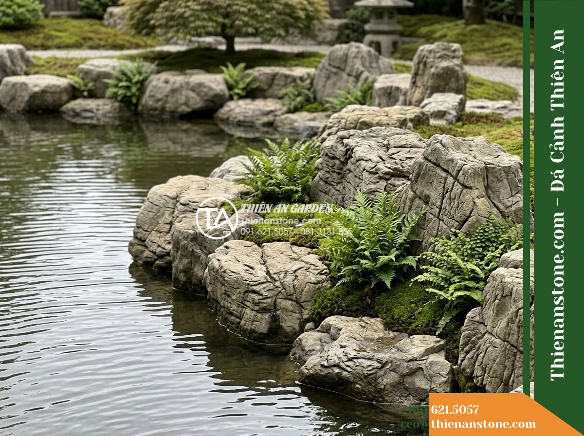 Đá Tượng Sáp (Size vừa 20–50cm) | Chuyên bo bờ, xếp hốc tiểu cảnh. - A realistic landscape photograph of a Japanese style garden pond edge lined with