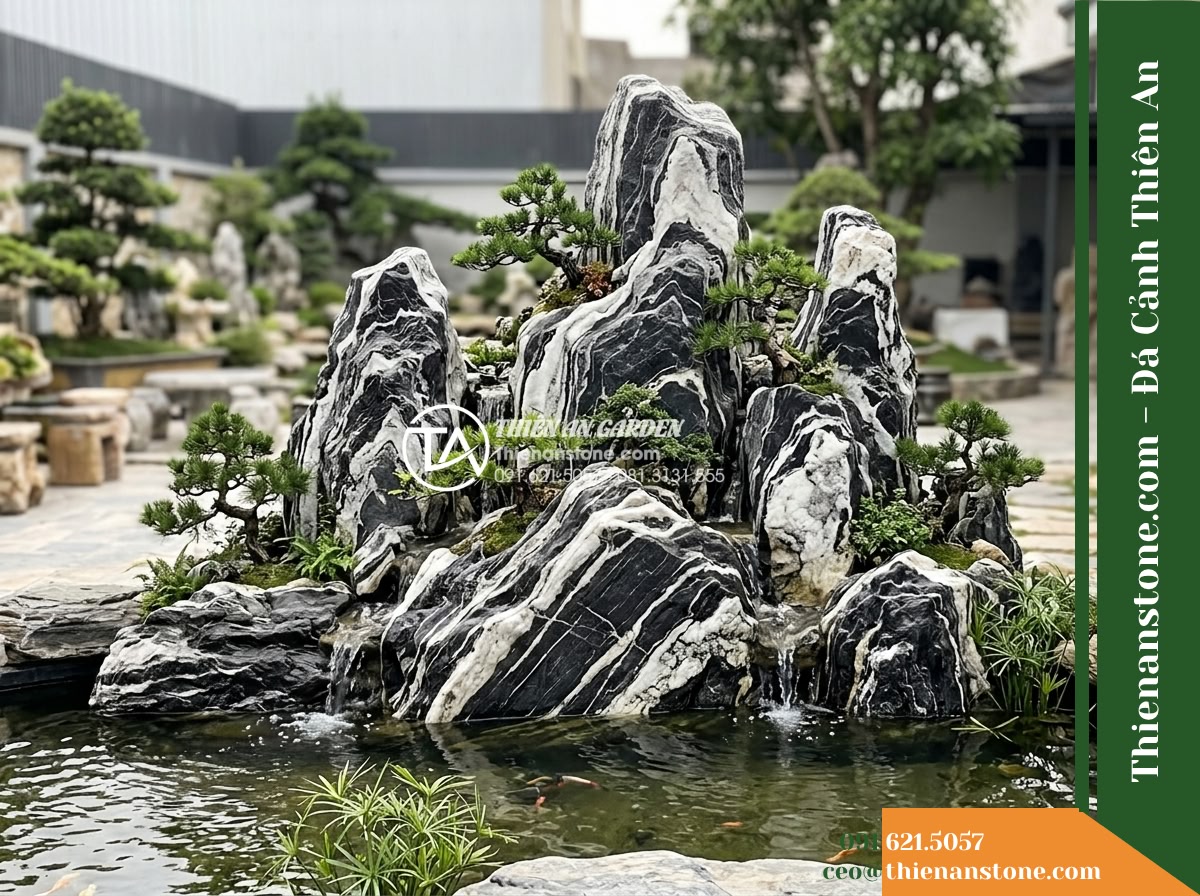 Đá Tuyết Lĩnh (Khối trung 90–160cm / ~0.8–2.5 tấn) | Chuyên tạo sườn núi điểm vân trắng, ghép cảnh non bộ sơn thủy hữu tình.