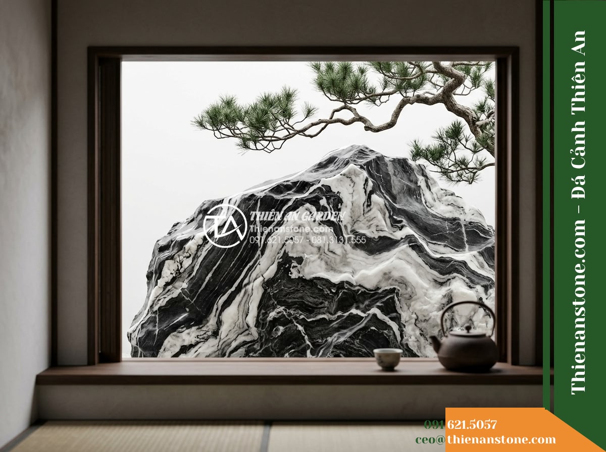 Đá Tuyết Lĩnh (Size lớn 60–100cm) | Chuyên làm tranh đá thủy mặc, vách núi. - Hình 14 Đá Tuyết Lĩnh (Size lớn 60–100cm) | Chuyên làm tranh đá thủy mặc, vách núi. - A contemplative perspective from an indoor tea room looking out through a low wi