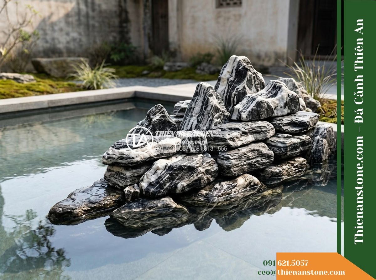 Đá Tuyết Lĩnh (Size nhỏ 15–35cm) | Chuyên bo góc hồ, làm tiểu cảnh mini. - Hình 8 Đá Tuyết Lĩnh (Size nhỏ 15–35cm) | Chuyên bo góc hồ, làm tiểu cảnh mini. - Wide landscape angle capturing the negative space around an artfully assembled s