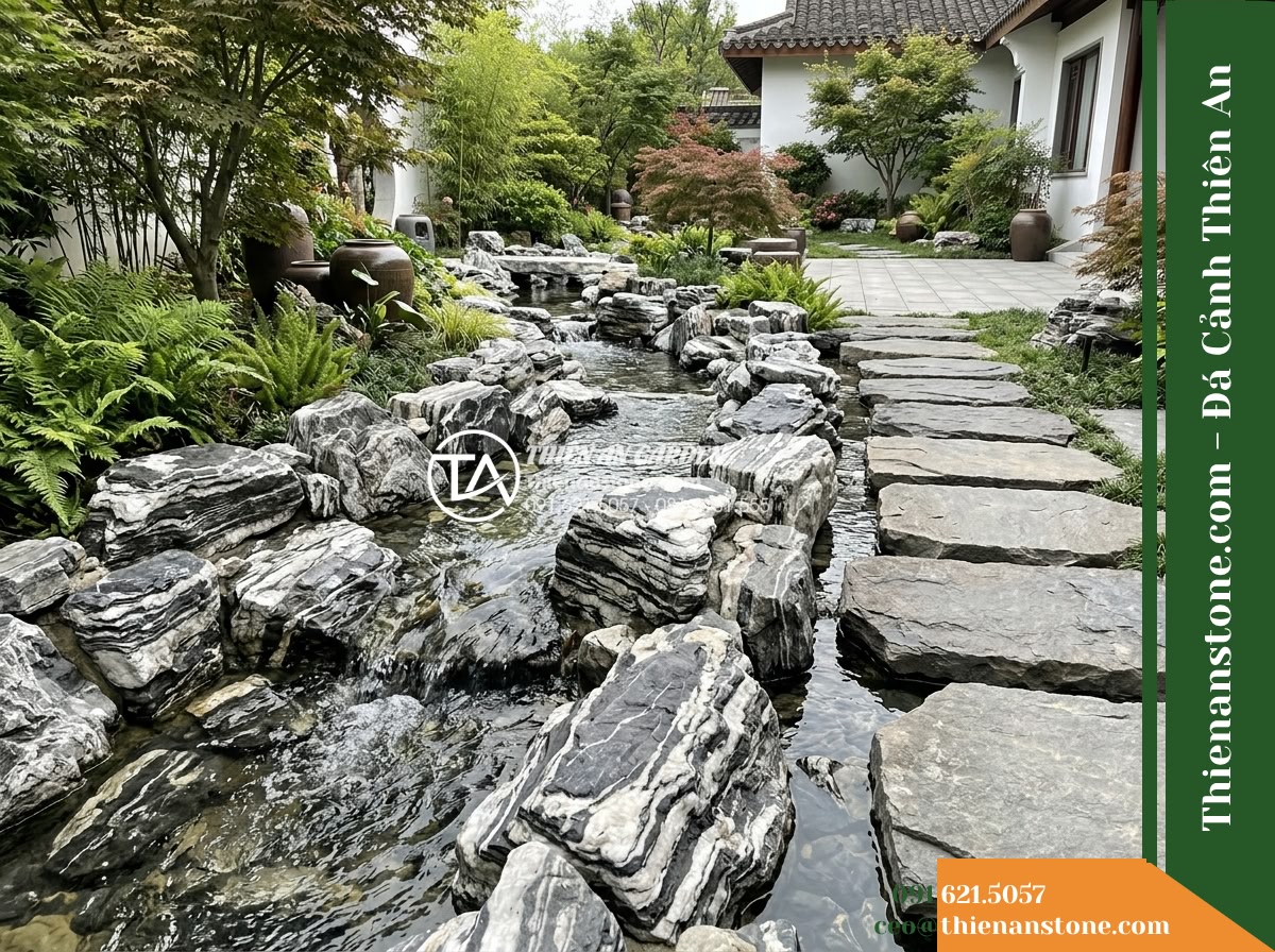 Đá Tuyết Lĩnh (Size vừa 35–60cm) | Chuyên xếp dòng chảy, tiểu cảnh sơn thủy. - Hình 16 Đá Tuyết Lĩnh (Size vừa 35–60cm) | Chuyên xếp dòng chảy, tiểu cảnh sơn thủy. - Wide maintenance view of a residential courtyard stream, showing accessible step