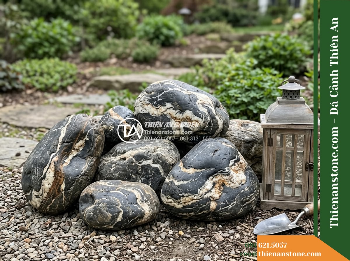 Đá Vân Vân Thạch (Cuội bo viền 15–40cm) | Chuyên bo bờ, tạo độ mềm mại cho viền hồ.