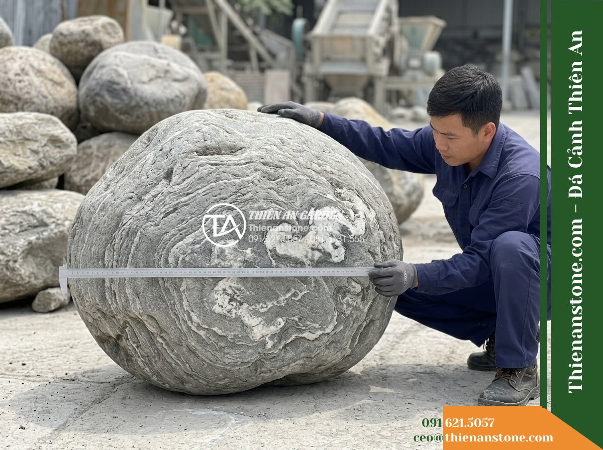 Đá Vân Vân Thạch (Cuội bo viền 40–80cm / ~100–400kg) | Chuyên xếp viền chân núi giao với mặt nước, tạo bờ bồi thoai thoải. - Hình 17 Đá Vân Vân Thạch (Cuội bo viền 40–80cm / ~100–400kg) | Chuyên xếp viền chân núi giao với mặt nước, tạo bờ bồi thoai thoải. - Detailed inspection view of stone selection at a yard, showing a technician meas