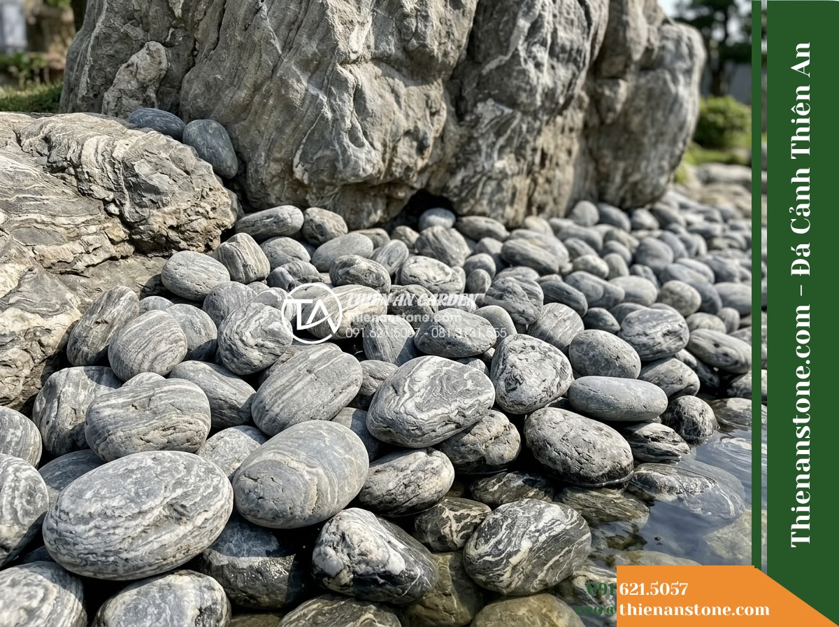 Đá Vân Vân Thạch (Cuội dăm 10–25cm) | Chuyên rải lòng hồ non bộ đại cảnh, tạo bãi cát sỏi quanh chân núi.