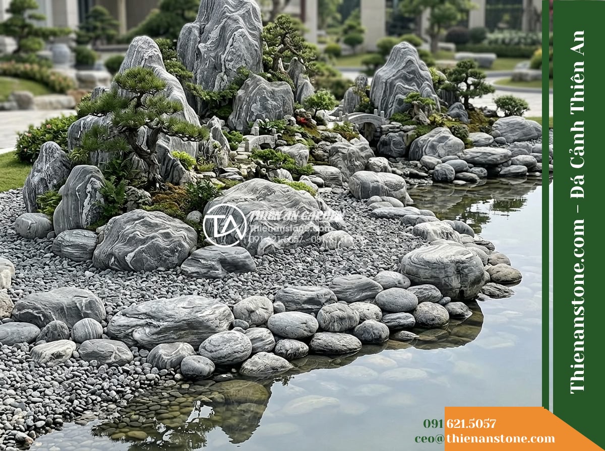 Đá Vân Vân Thạch (Cuội dăm 10–25cm) | Chuyên rải lòng hồ non bộ đại cảnh, tạo bãi cát sỏi quanh chân núi.