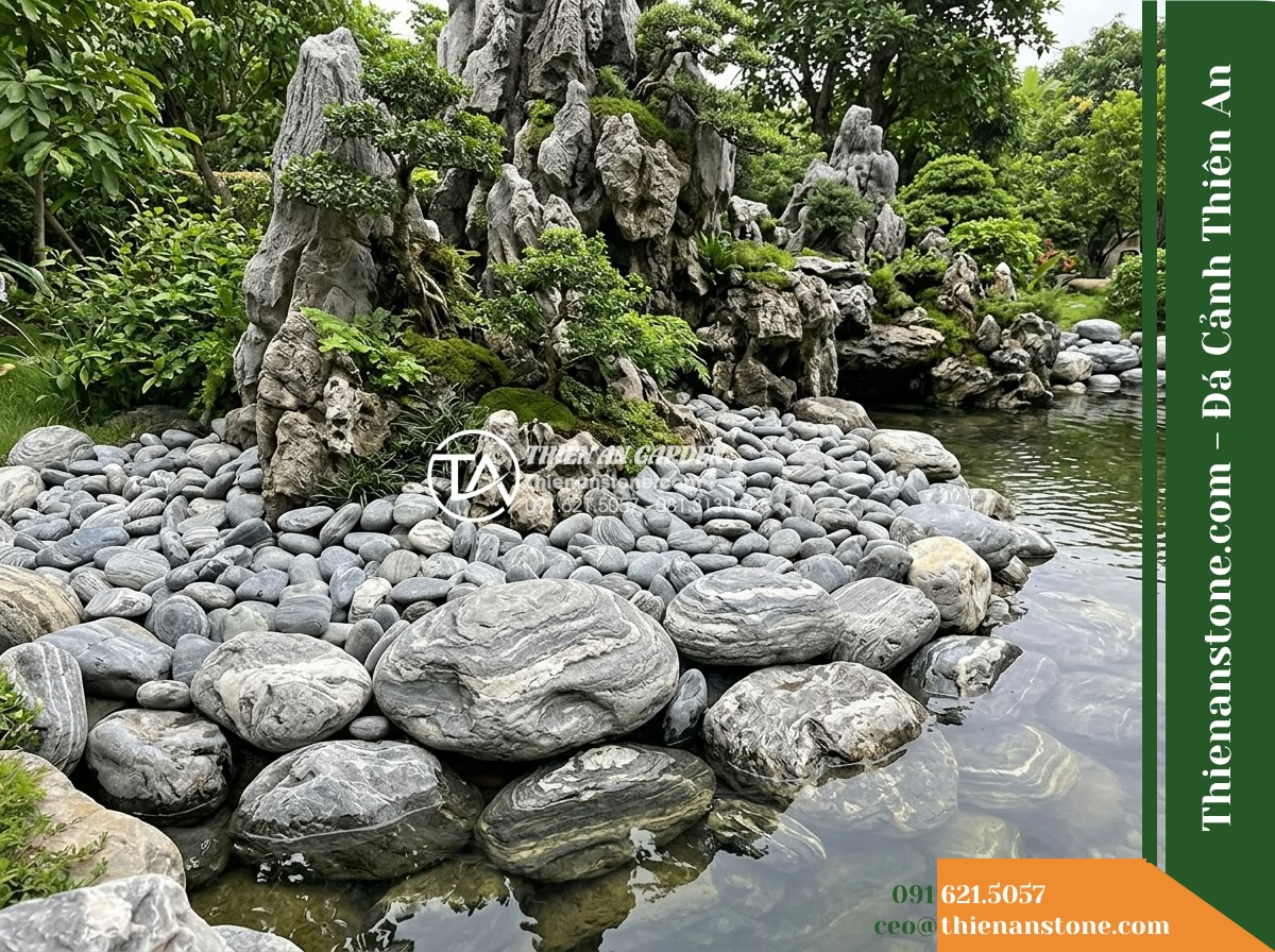 Đá Vân Vân Thạch (Cuội dăm 10–25cm) | Chuyên rải lòng hồ non bộ đại cảnh, tạo bãi cát sỏi quanh chân núi.