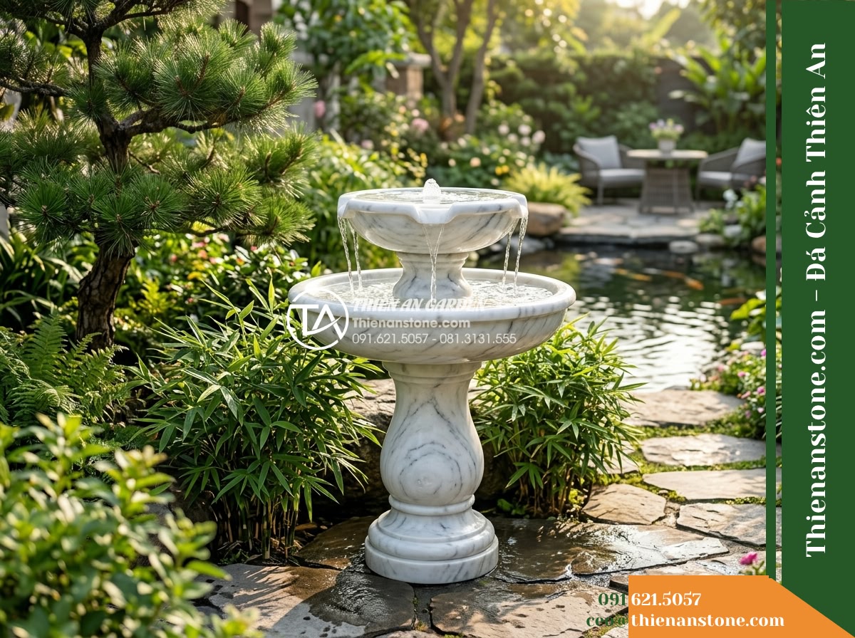 Đài Phun 2 Bát Tròn Chảy Tràn Hồ Koi, Bát D60cm Cao 1m - Hình 9 Đài Phun 2 Bát Tròn Chảy Tràn Hồ Koi, Bát D60cm Cao 1m - Lush villa garden setting in morning sunlight, showcasing the two-tier stone fou