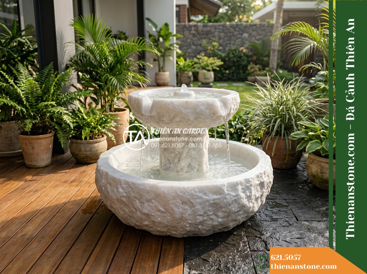 Đài Phun 2 Tầng Bát Sơ Khai Lòng Mịn, Bát D80cm Cao 1.1m