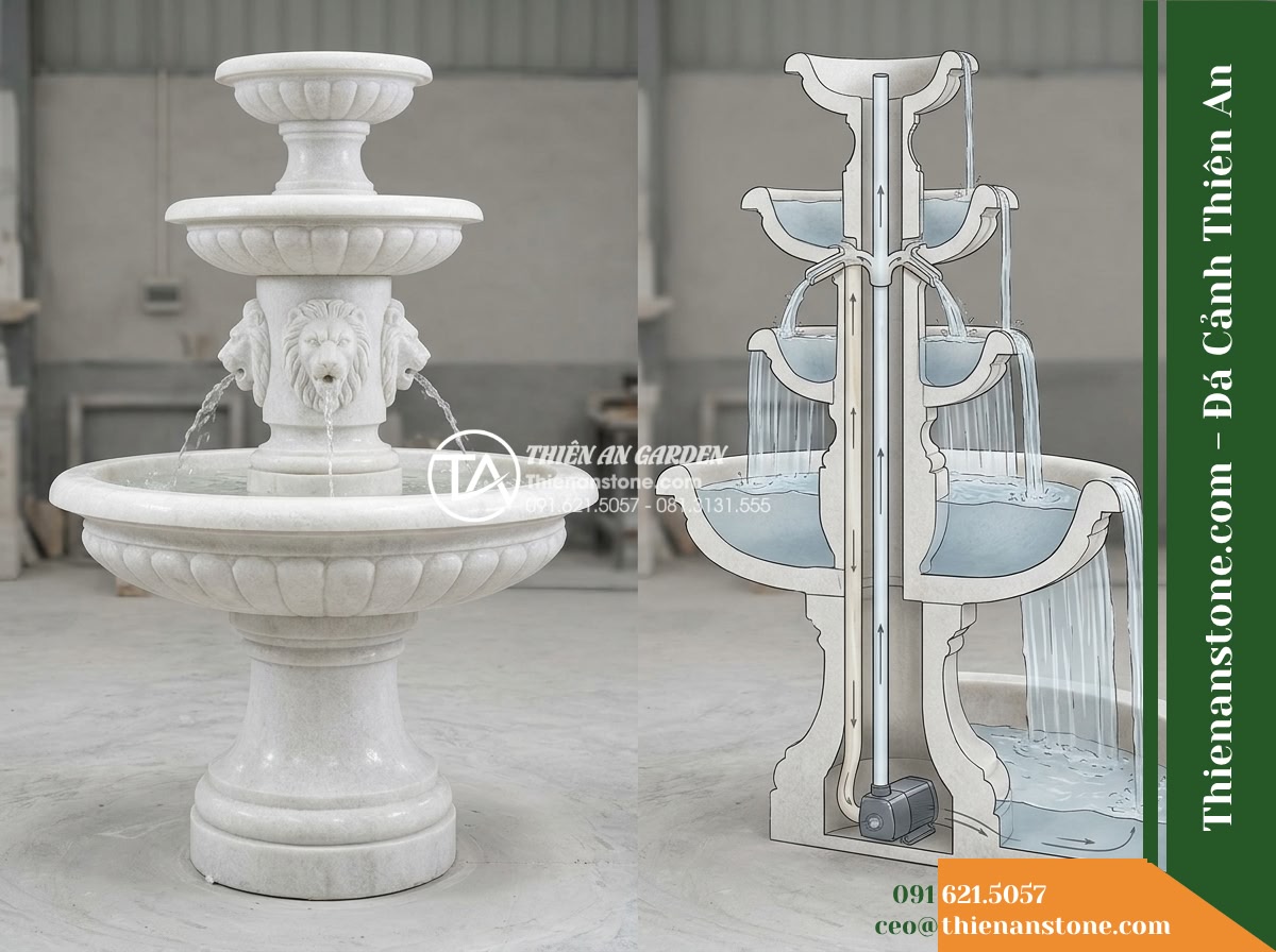 Đài Phun 3 Tầng 4 Đầu Sư Tử Phun Nước, Bát D1.2m Cao 1.8m