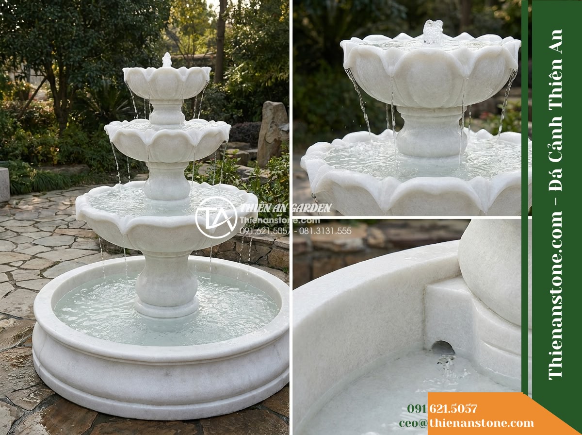 Đài Phun 3 Tầng Bát Sen Khắc Thủ Công, Bát D1.5m Cao 2.1m - Hình 8 Đài Phun 3 Tầng Bát Sen Khắc Thủ Công, Bát D1.5m Cao 2.1m - Side angle showing the water flow interaction between the three lotus tiers, hig