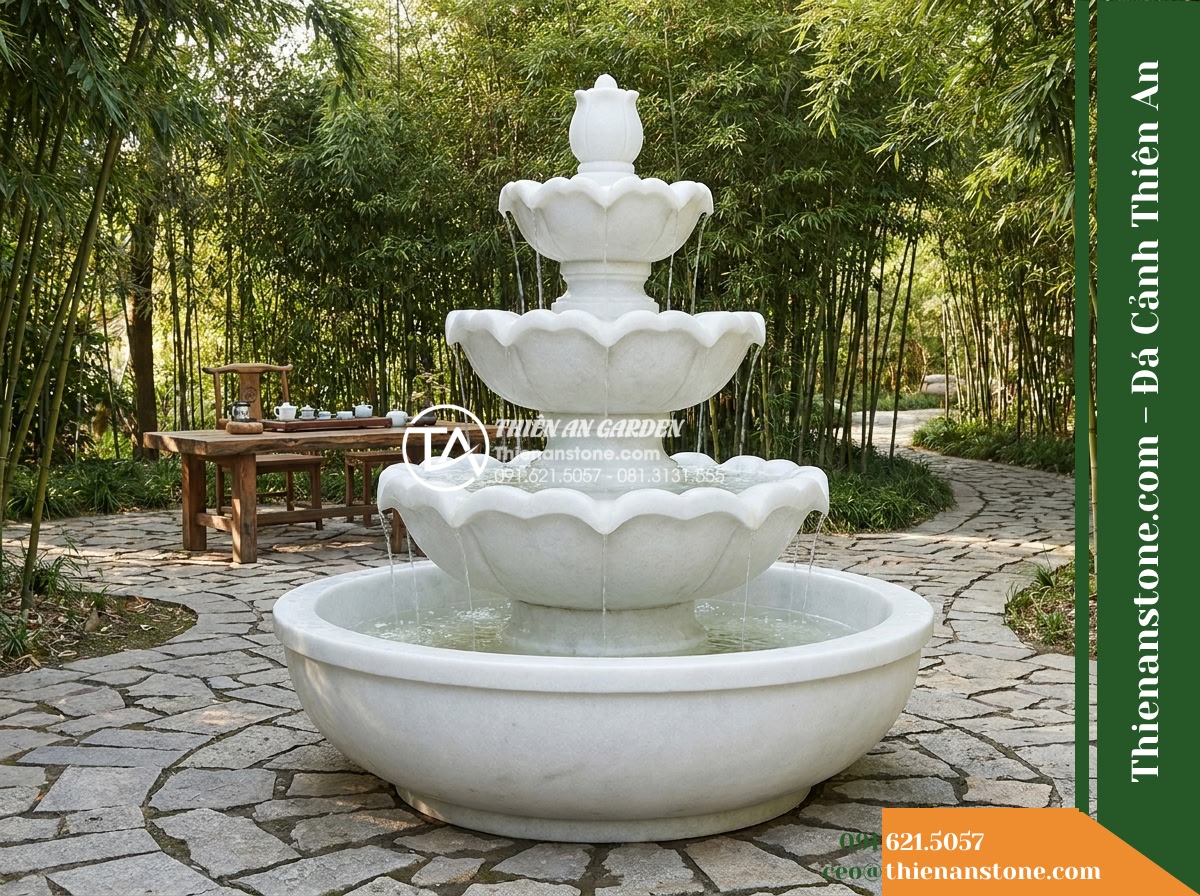 Đài Phun 3 Tầng Bát Sen Khắc Thủ Công, Bát D1.5m Cao 2.1m - Hình 9 Đài Phun 3 Tầng Bát Sen Khắc Thủ Công, Bát D1.5m Cao 2.1m - Full daytime perspective of a peaceful retreat garden featuring the 3-tier lotus