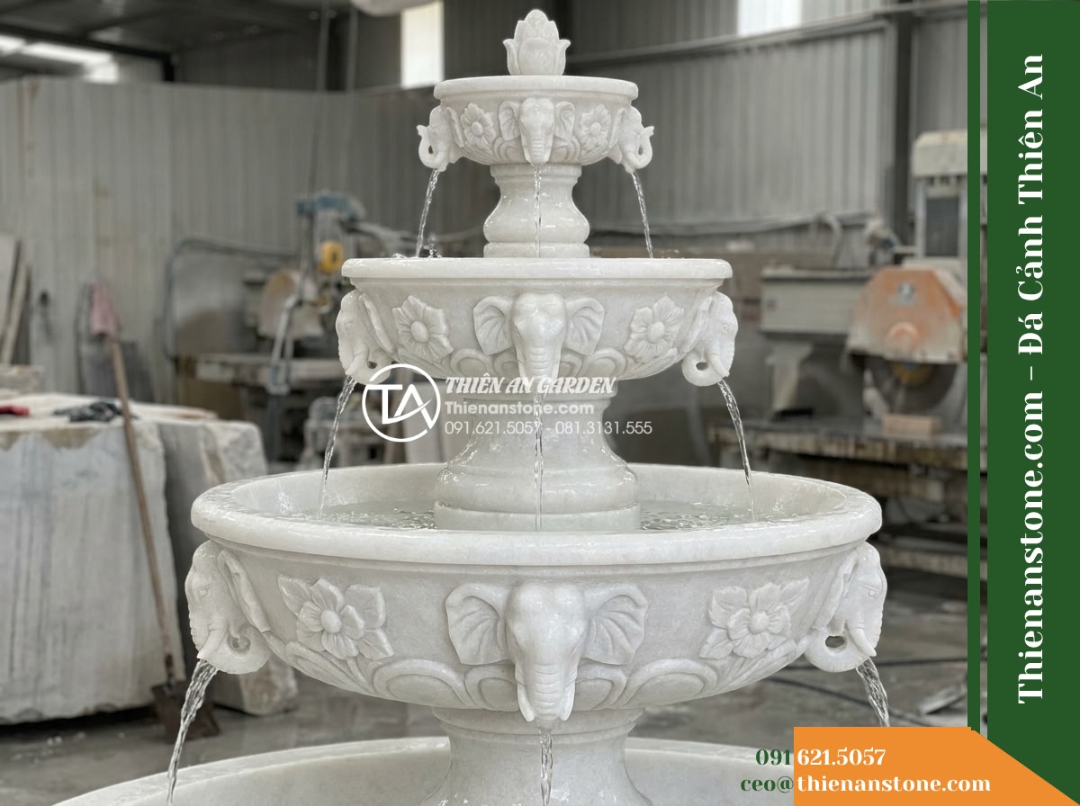 Đài Phun 3 Tầng Khắc Hoa Voi Đầu Bát, Bát D1.4m Cao 2m