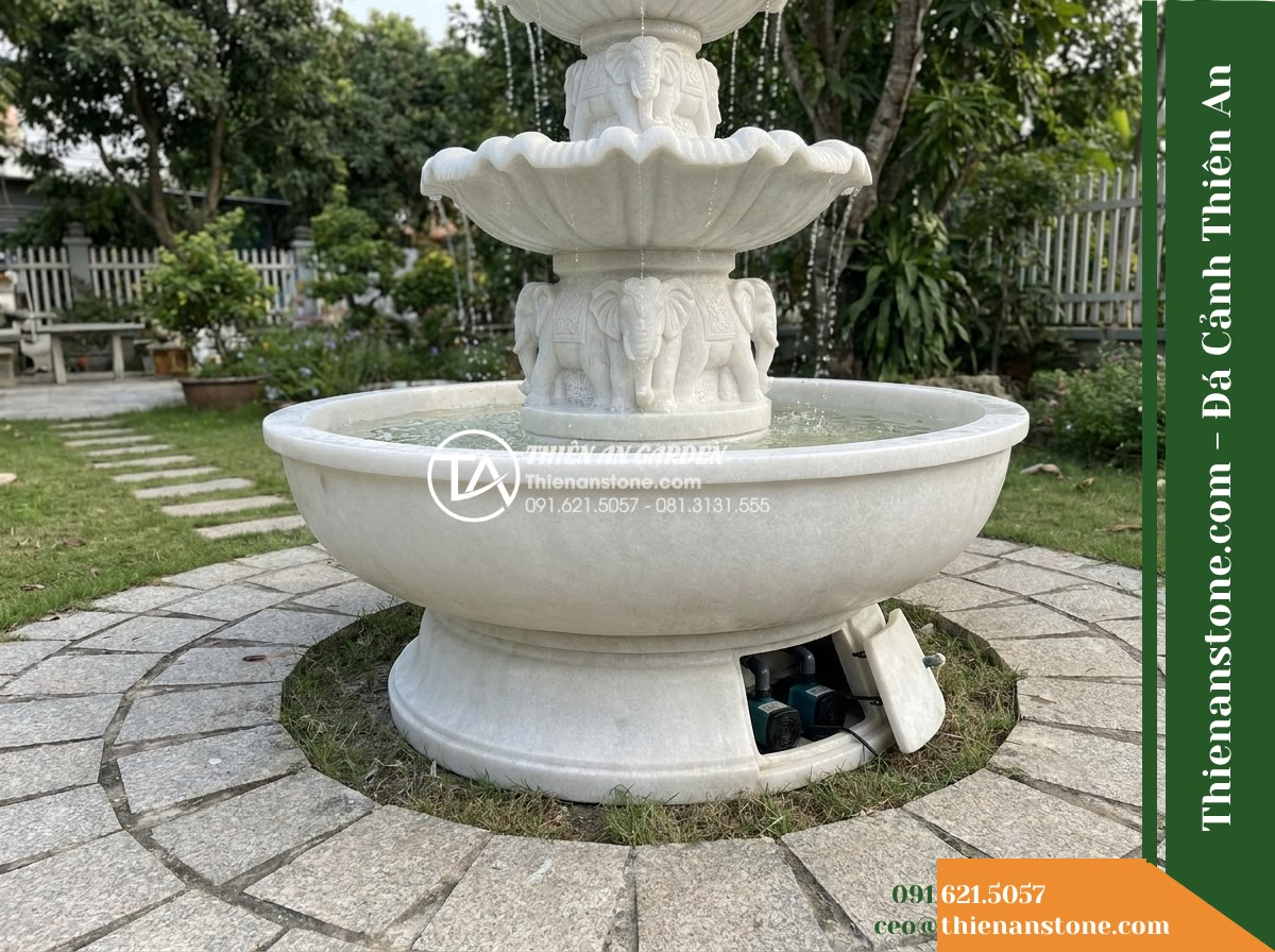 Đài Phun 3 Tầng Khắc Hoa Voi Đầu Bát, Bát D1.4m Cao 2m