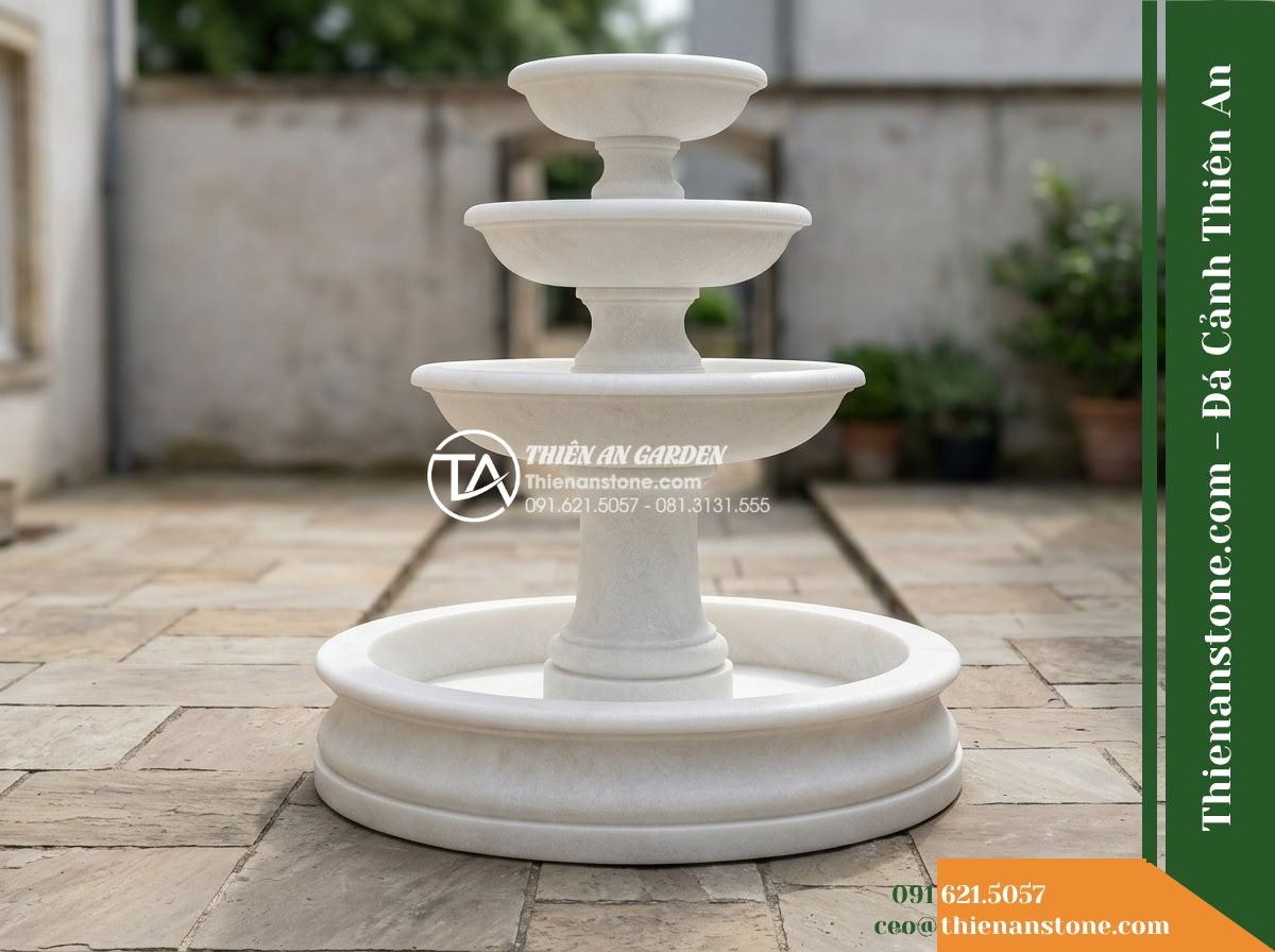 Đài Phun 3 Tầng Trụ Chạm Rồng Bán Diện, Bát D1.4m Cao 2m - Hình 16 Đài Phun 3 Tầng Trụ Chạm Rồng Bán Diện, Bát D1.4m Cao 2m - Rear maintenance perspective of the 3-tier fountain, showing the clean rear curv