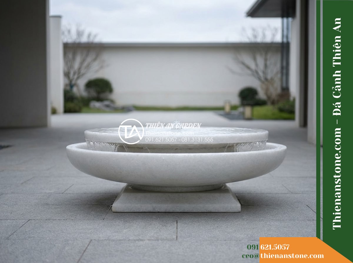 Đài Phun Bát Đơn Chân Thấp Phẳng Mặt, Bát D80cm Cao 50cm - Hình 11 Đài Phun Bát Đơn Chân Thấp Phẳng Mặt, Bát D80cm Cao 50cm - A clean comparative architectural shot showcasing the solitary D80cm H50cm low-p