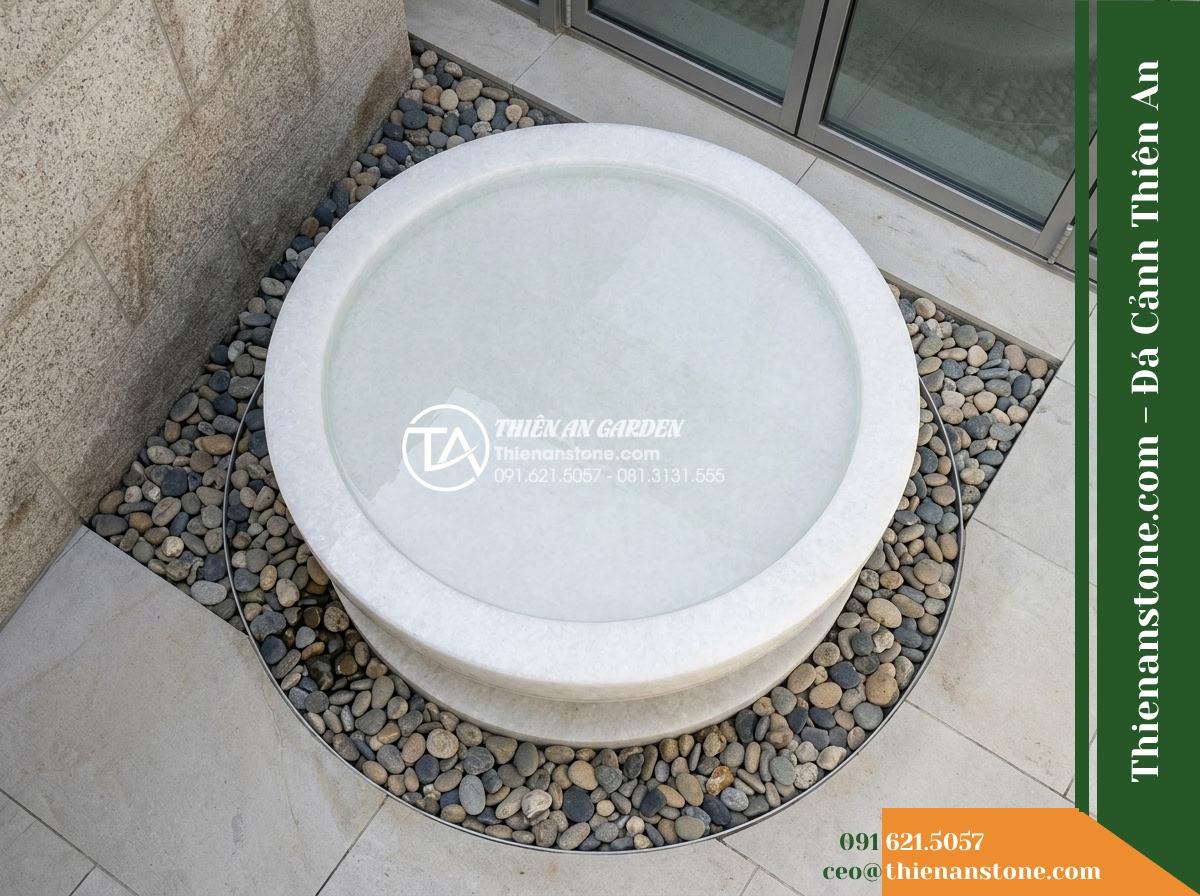 Đài Phun Bát Đơn Chân Thấp Phẳng Mặt, Bát D80cm Cao 50cm - Hình 6 Đài Phun Bát Đơn Chân Thấp Phẳng Mặt, Bát D80cm Cao 50cm - A high-angle bird-eye perspective showing the full ground footprint of the circu