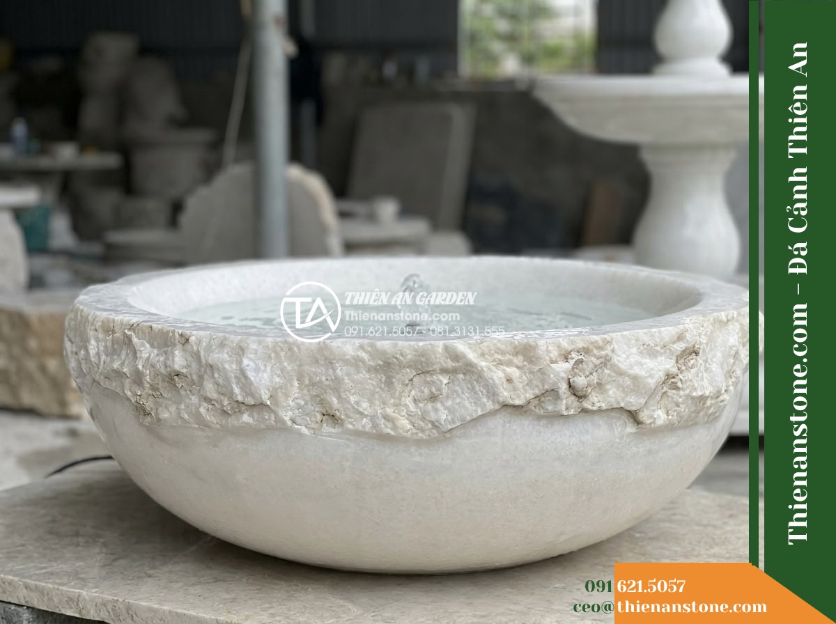 Đài Phun Bát Tròn Dày Mép Thô Tự Nhiên, Bát D1m Cao 60cm