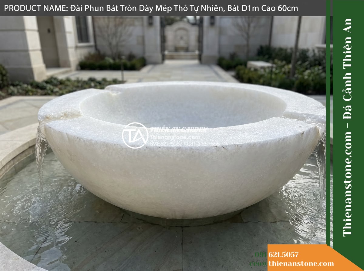 Đài Phun Bát Tròn Dày Mép Thô Tự Nhiên, Bát D1m Cao 60cm