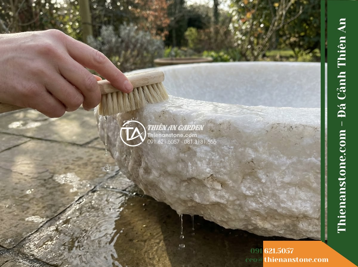 Đài Phun Bát Tròn Dày Mép Thô Tự Nhiên, Bát D1m Cao 60cm