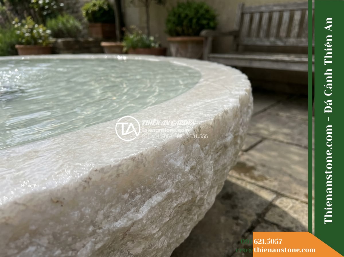 Đài Phun Bát Tròn Dày Mép Thô Tự Nhiên, Bát D1m Cao 60cm