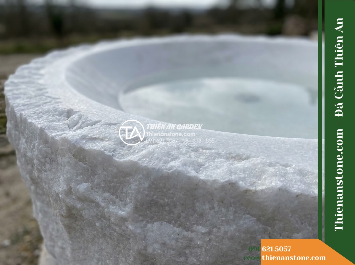 Đài Phun Bát Tròn Dày Mép Thô Tự Nhiên, Bát D1m Cao 60cm