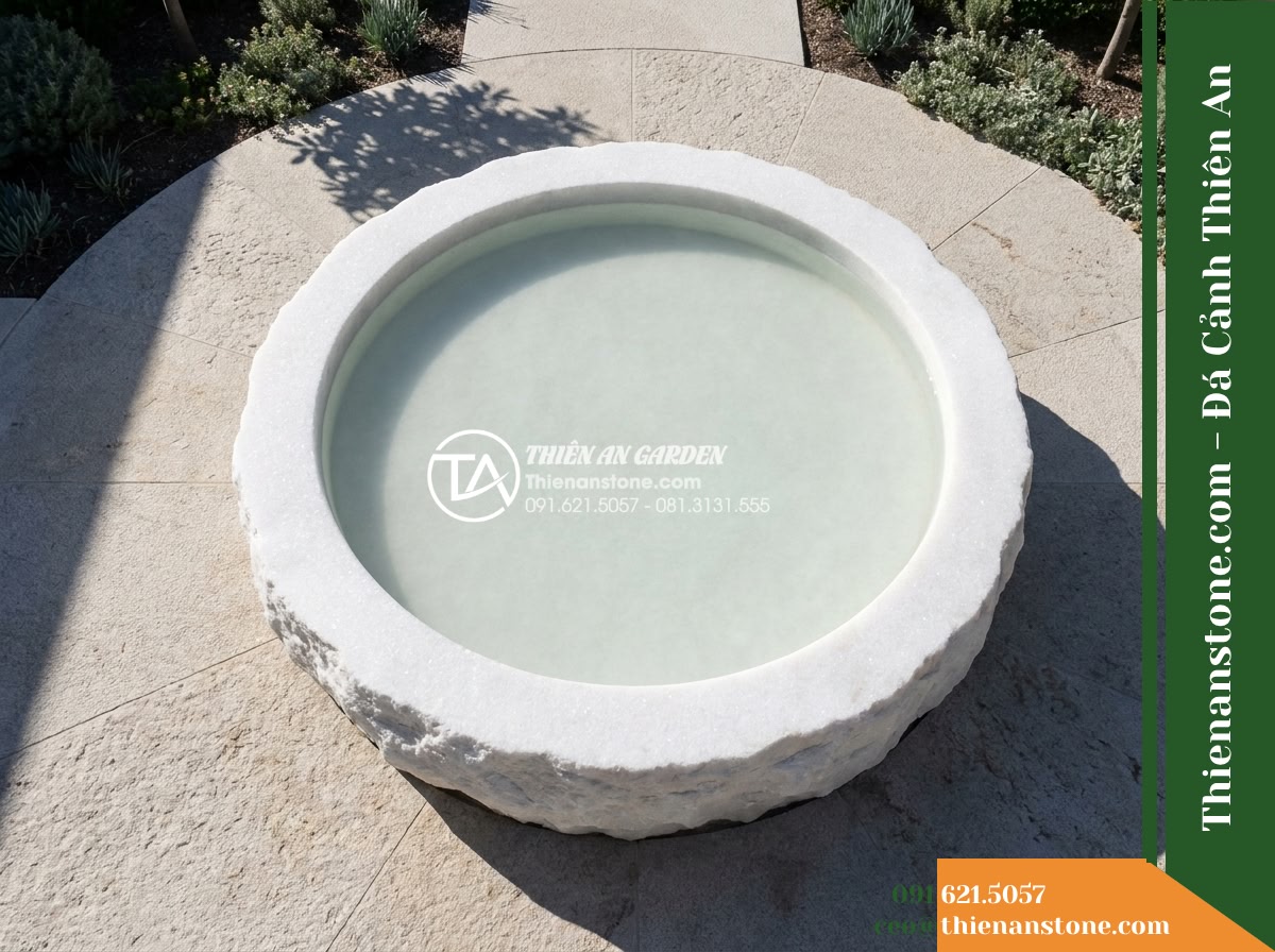 Đài Phun Bát Tròn Dày Mép Thô Tự Nhiên, Bát D1m Cao 60cm
