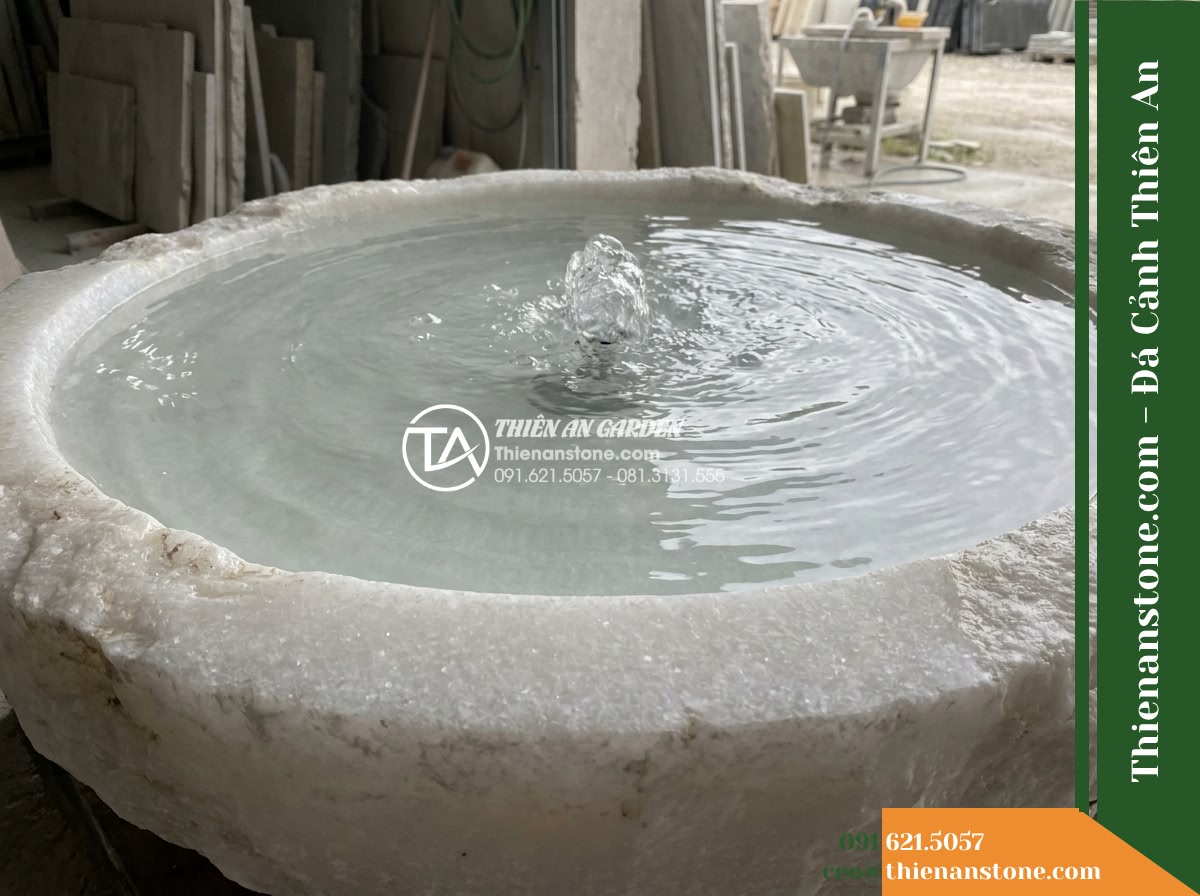 Đài Phun Bát Tròn Dày Mép Thô Tự Nhiên, Bát D1m Cao 60cm