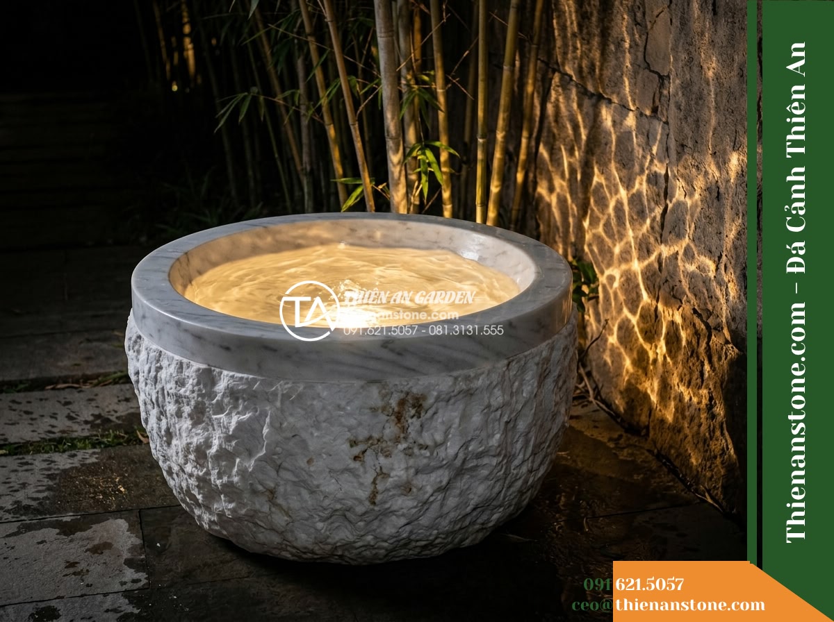 Đài Phun Bát Tròn Lòng Mài Vỏ Thô Mộc, Bát D80cm Cao 70cm