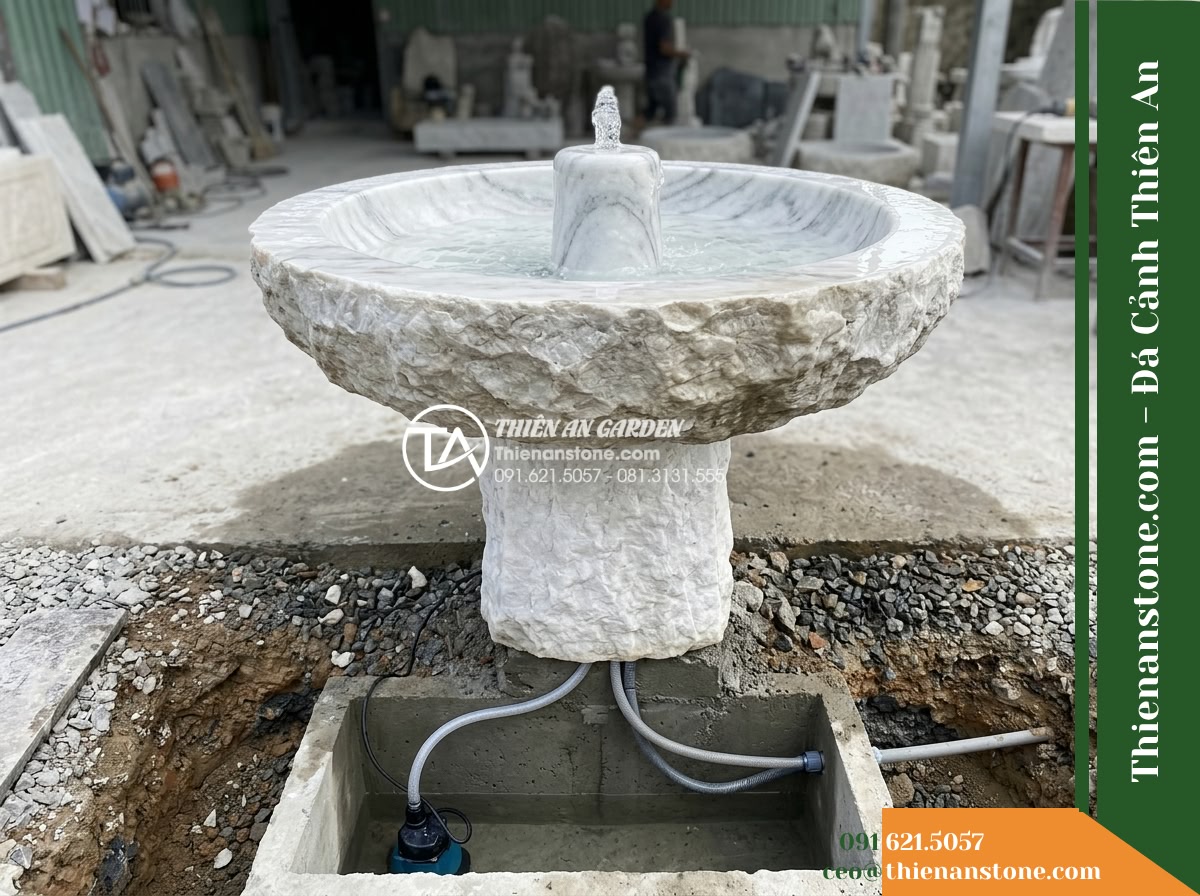 Đài Phun Bát Tròn Lòng Mài Vỏ Thô Mộc, Bát D80cm Cao 70cm