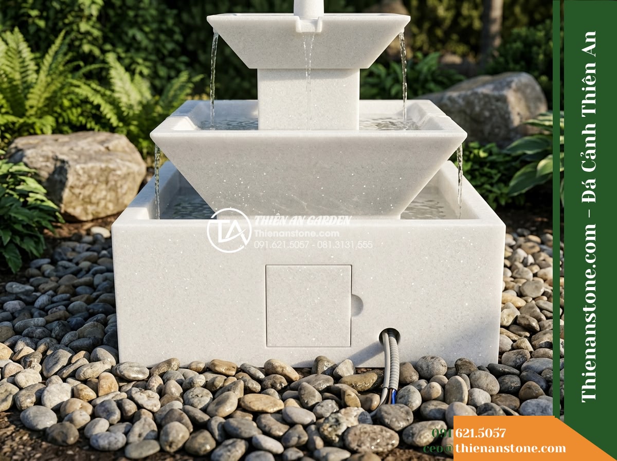 Đài Phun Bát Vuông 2 Tầng Tràn Bốn Góc, Bát D70cm Cao 1m - Hình 16 Đài Phun Bát Vuông 2 Tầng Tràn Bốn Góc, Bát D70cm Cao 1m - A technical angle showing the discreet maintenance clearance behind the stone fo