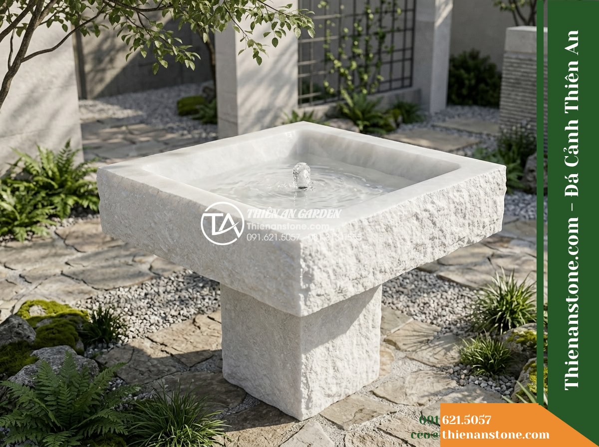Đài Phun Bát Vuông Lòng Mài Mịn Vỏ Thô, Bát D80cm Cao 75cm - Hình 18 Đài Phun Bát Vuông Lòng Mài Mịn Vỏ Thô, Bát D80cm Cao 75cm - Full overview shot showing clear visual relationship between the fountain stone