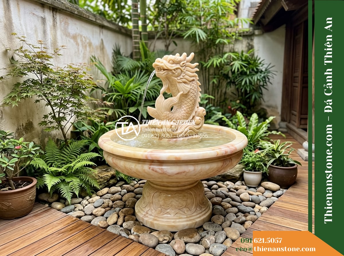 Đài Phun Cá Chép Hóa Rồng Nhả Nước, Bát D1m Cao 1.5m - Hình 10 Đài Phun Cá Chép Hóa Rồng Nhả Nước, Bát D1m Cao 1.5m - Alternate perspective of the carp-dragon fountain placed in a cozy inner courtya