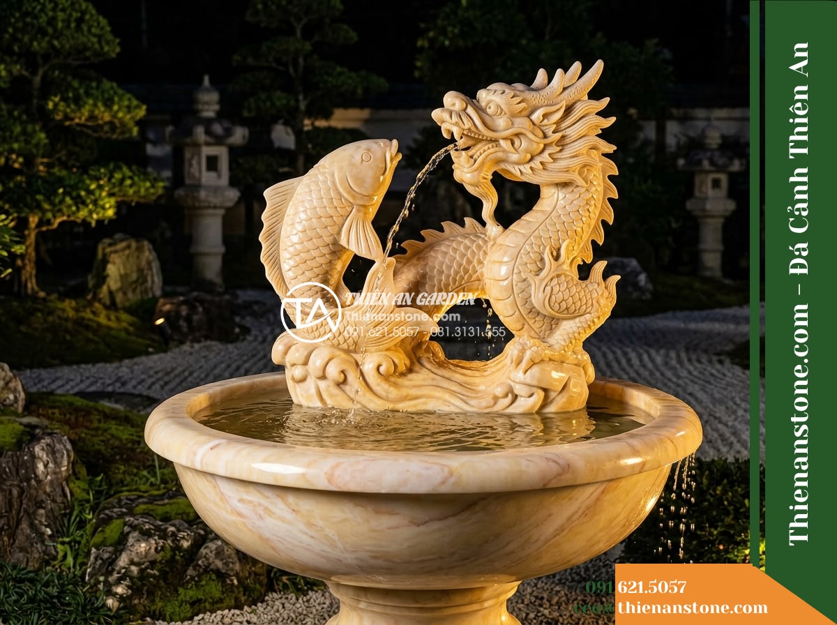 Đài Phun Cá Chép Hóa Rồng Nhả Nước, Bát D1m Cao 1.5m - Hình 13 Đài Phun Cá Chép Hóa Rồng Nhả Nước, Bát D1m Cao 1.5m - Dramatic nighttime shot of the carp-dragon stone fountain illuminated by warm 30