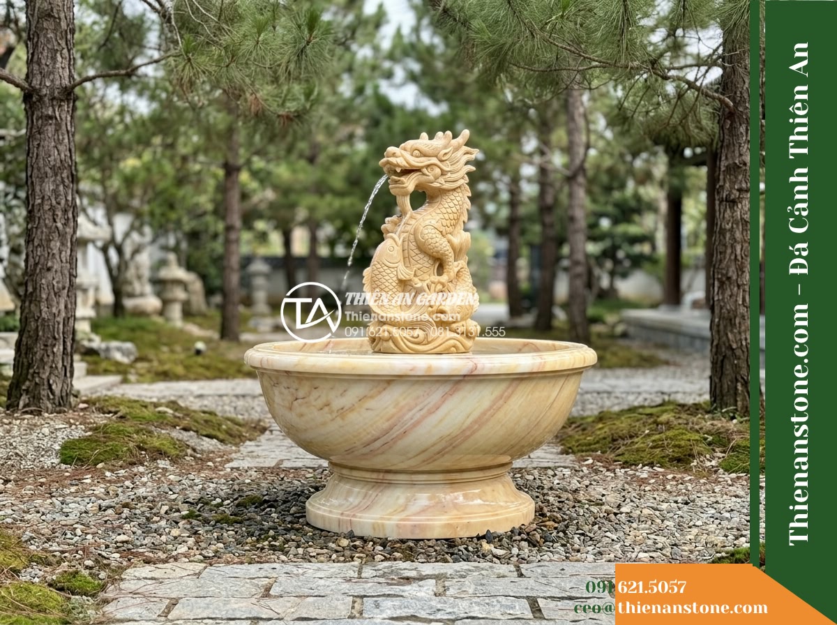 Đài Phun Cá Chép Hóa Rồng Nhả Nước, Bát D1m Cao 1.5m - Hình 20 Đài Phun Cá Chép Hóa Rồng Nhả Nước, Bát D1m Cao 1.5m - Final retrospective view from the entrance path looking towards the stone founta