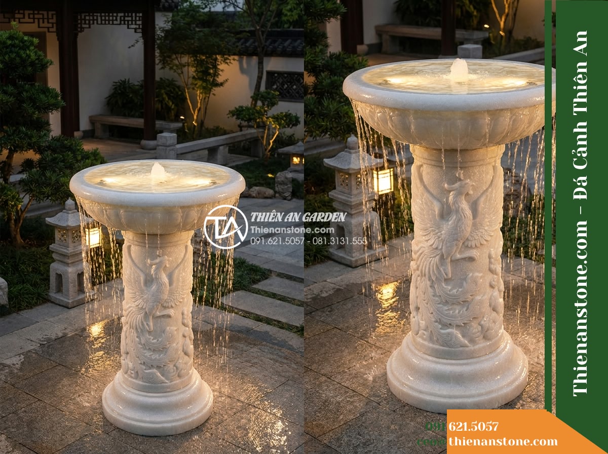 Đài Phun Chân Trụ Chạm Phượng Hoàng, Bát D1.2m Cao 1.7m - Hình 14 Đài Phun Chân Trụ Chạm Phượng Hoàng, Bát D1.2m Cao 1.7m - An artistic dusk photograph of the fountain in an Asian courtyard garden, where