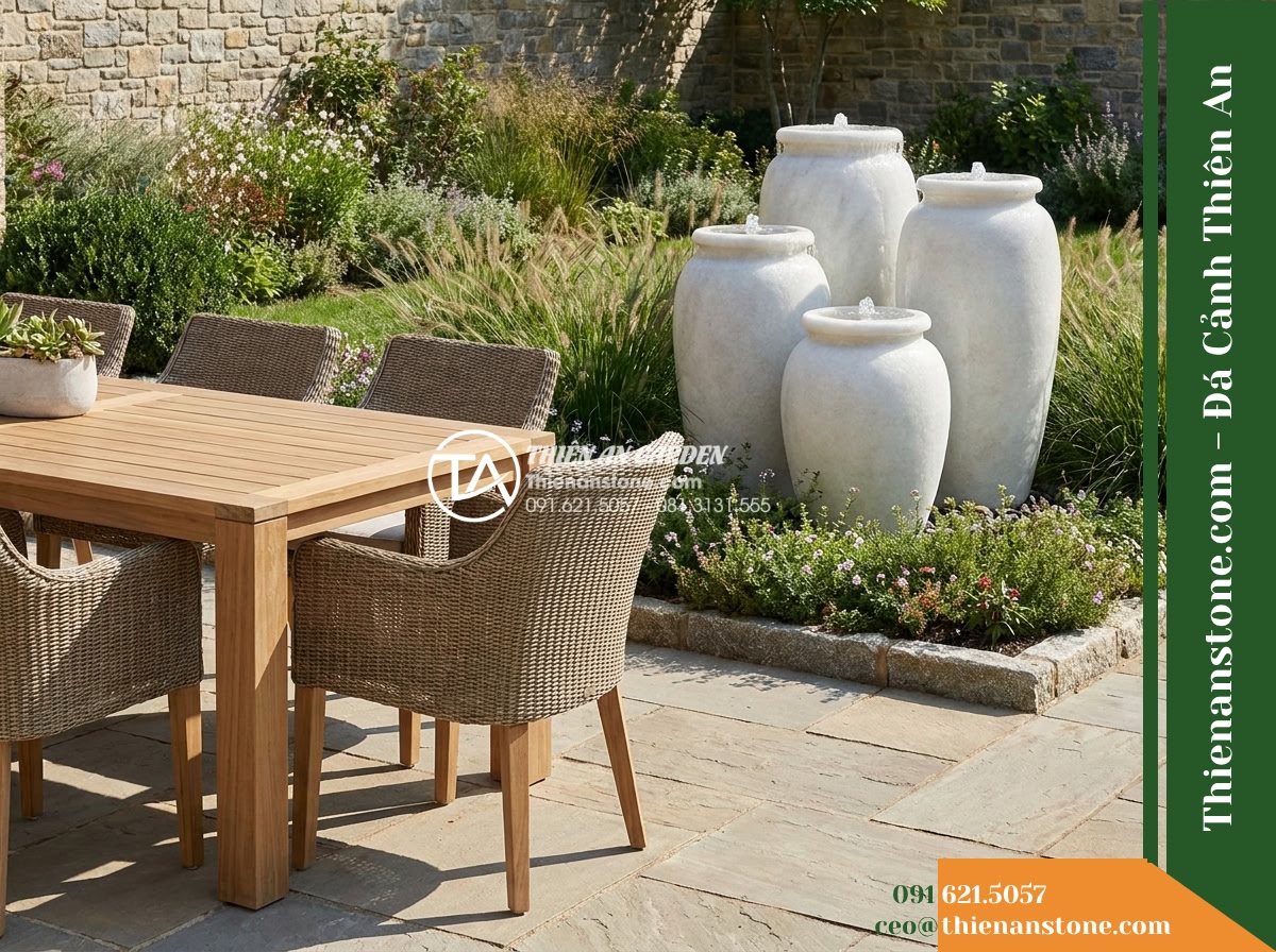 Đài Phun Cụm 3 Lu Nước Sân Vườn, D40cm Cao 60-80-100cm - Hình 5 Đài Phun Cụm 3 Lu Nước Sân Vườn, D40cm Cao 60-80-100cm - Wide-angle landscape photograph of an outdoor dining patio looking towards a cor