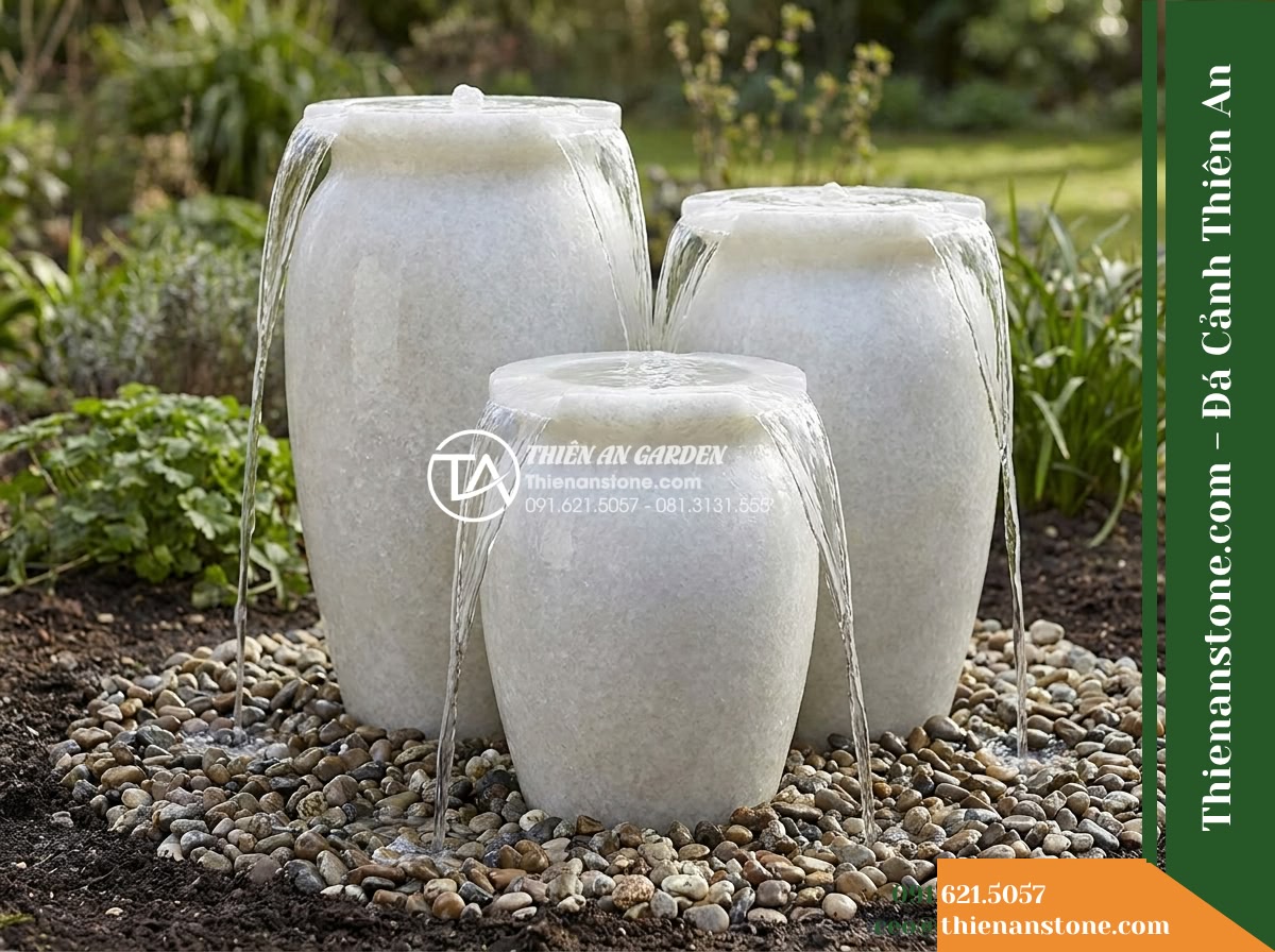 Đài Phun Cụm 3 Lu Nước Sân Vườn, D40cm Cao 60-80-100cm - Hình 8 Đài Phun Cụm 3 Lu Nước Sân Vườn, D40cm Cao 60-80-100cm - Side-angle view demonstrating the interaction between the overflowing water shee