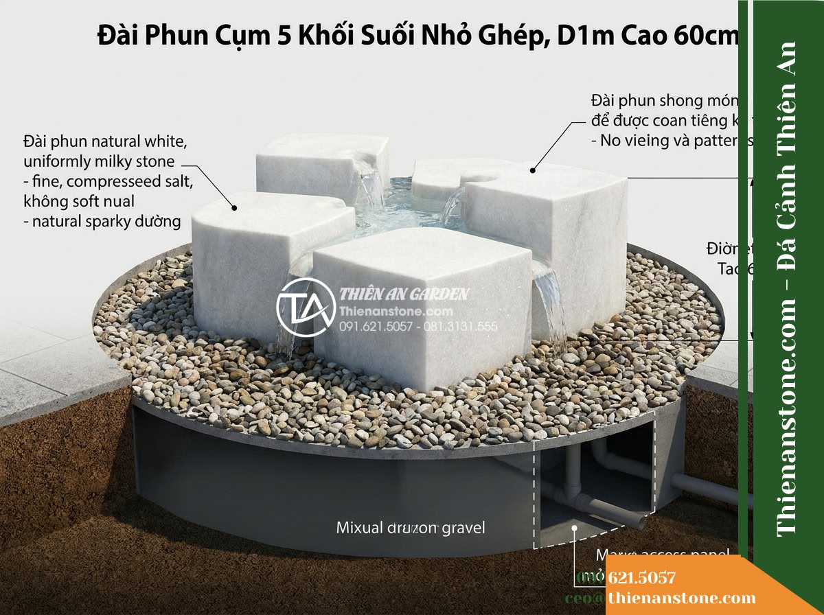 Đài Phun Cụm 5 Khối Suối Nhỏ Ghép, D1m Cao 60cm