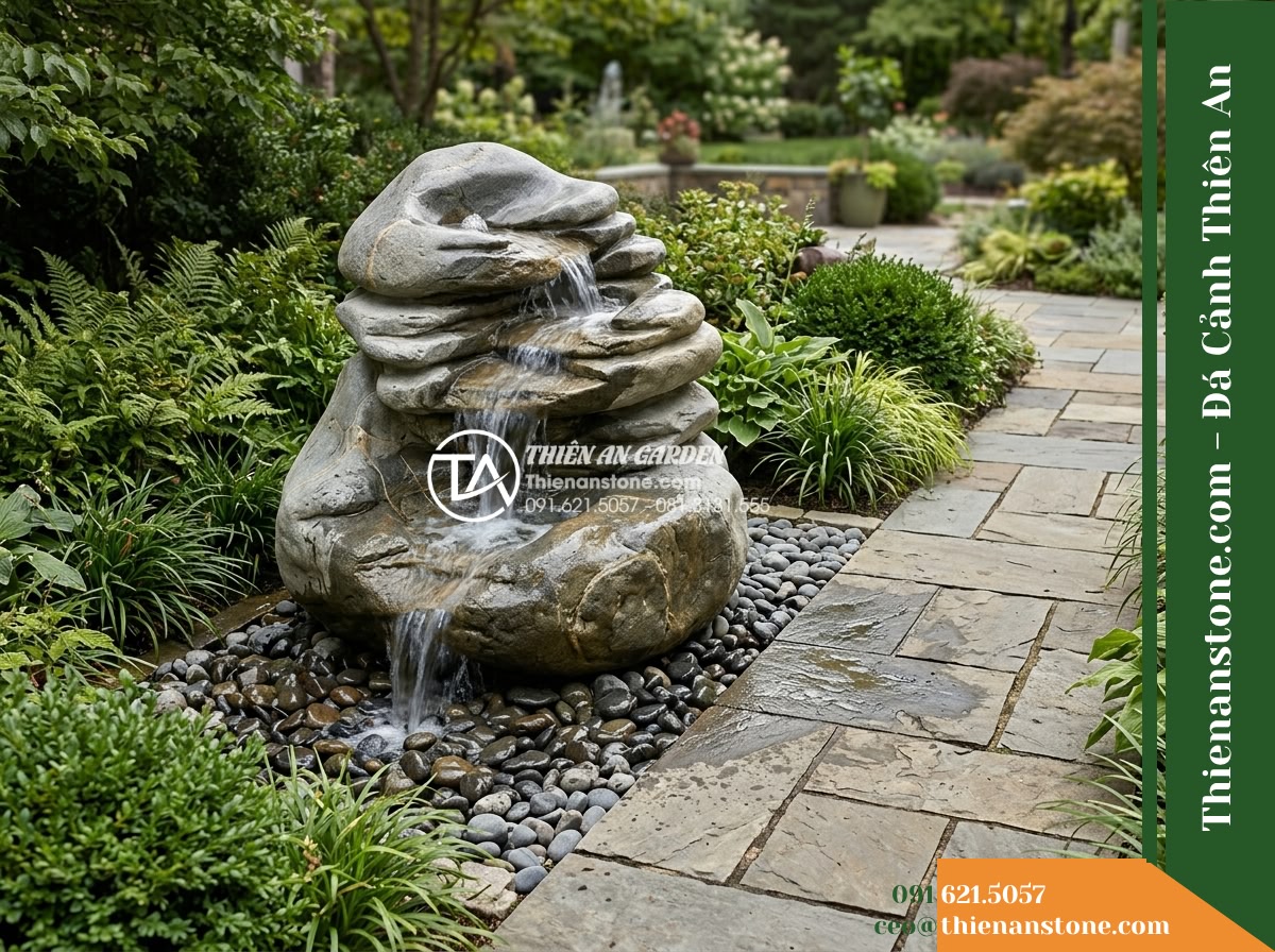 Đài Phun Dáng Sỏi Suối Xếp Lệch Tầng, D80cm Cao 1m - Hình 18 Đài Phun Dáng Sỏi Suối Xếp Lệch Tầng, D80cm Cao 1m - A comprehensive wide view of the garden showing the finished fountain installati