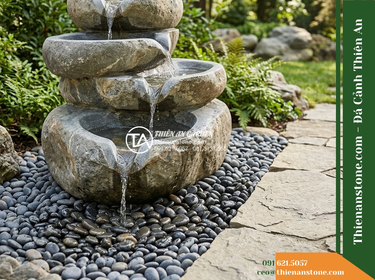 Đài Phun Dáng Sỏi Suối Xếp Lệch Tầng, D80cm Cao 1m - Hình 8 Đài Phun Dáng Sỏi Suối Xếp Lệch Tầng, D80cm Cao 1m - A side-angle view illustrating the water drainage path at the base of the tiered