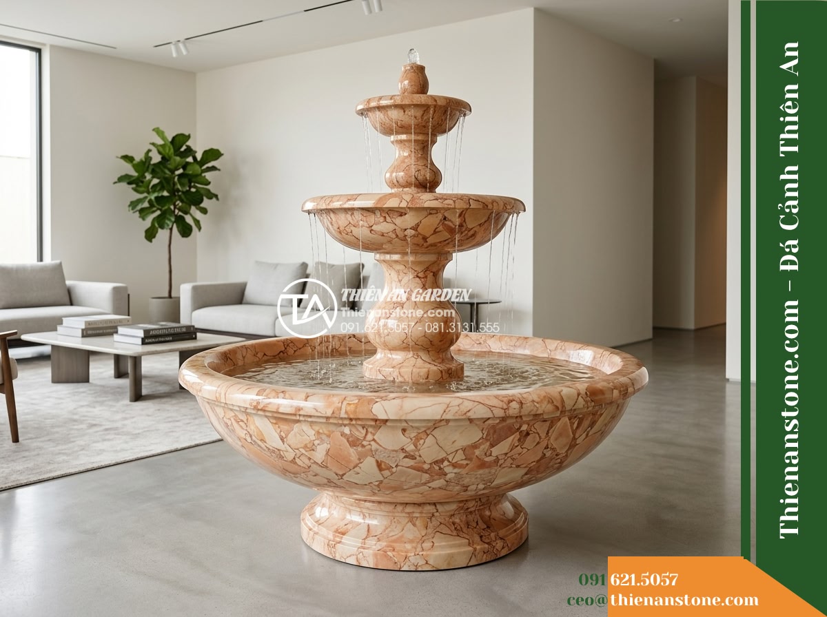 Đài Phun Hồng Ngọc Đánh Bóng Sâu, Bát D90cm Cao 1.3m - Hình 12 Đài Phun Hồng Ngọc Đánh Bóng Sâu, Bát D90cm Cao 1.3m - Spacious perspective showcasing the required viewing clearance around the 1.3m p