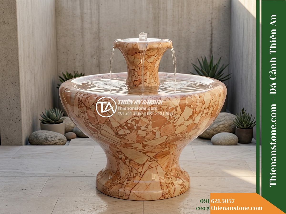 Đài Phun Hồng Ngọc Đánh Bóng Sâu, Bát D90cm Cao 1.3m - Hình 18 Đài Phun Hồng Ngọc Đánh Bóng Sâu, Bát D90cm Cao 1.3m - Comprehensive overview showing the fully integrated pink stone fountain in a min
